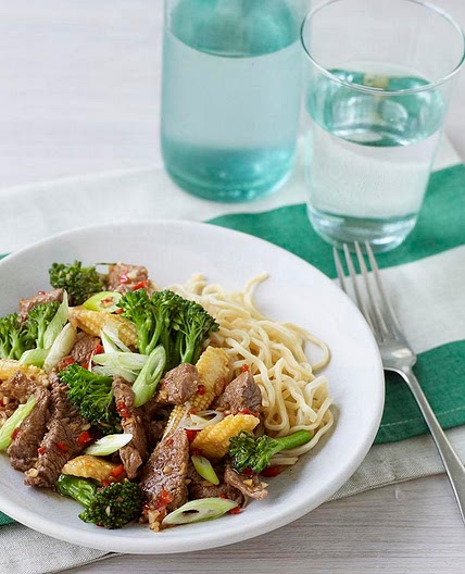 Lighter stir-fried beef with broccoli and sweetcorn