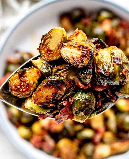 Roasted Brussel Sprouts with Bacon, Balsamic and Maple Syrup