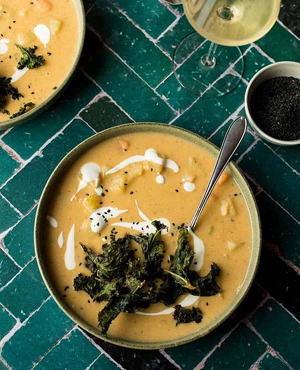 Lightened-Up Carrot and Potato Soup with Kale Chips