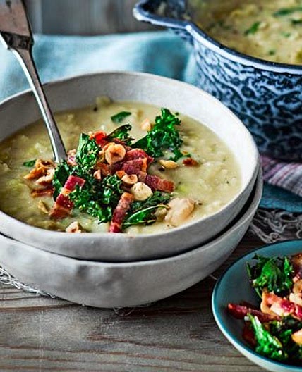 Leek & butter bean soup with crispy kale & bacon