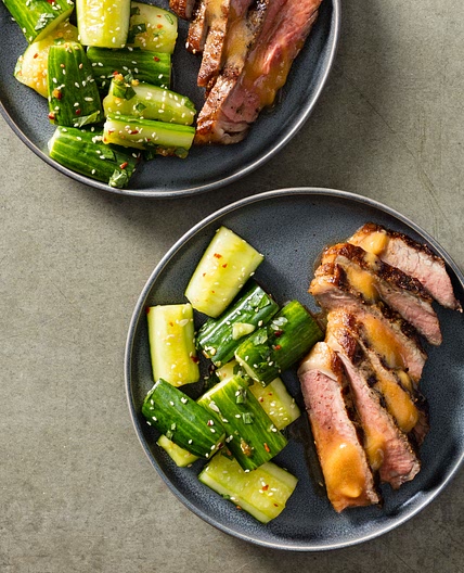 Grilled Strip Steaks with Smashed Cucumber Salad