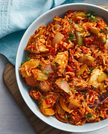 Microwave chicken and chorizo jambalaya