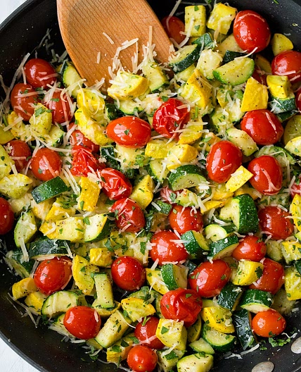 Sauteed Garlic-Parmesan Zucchini Squash and Tomatoes