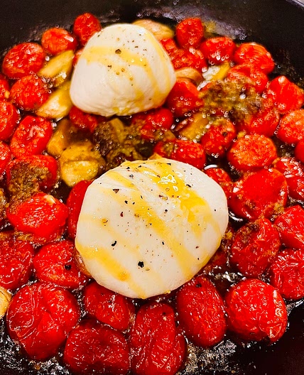 Baked Burrata and Tomatoes with Pesto