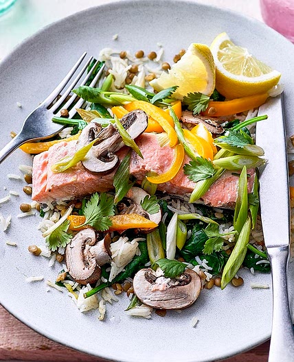 Salmon and fragrant lentils