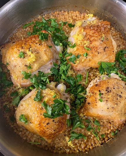 One Pan Crispy Chicken Thighs with Lemon Couscous