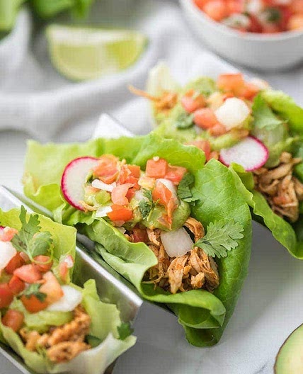 Chicken Tacos in Lettuce Wraps with Avocado Crema (Paleo, Whole30, Low Carb)