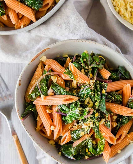 Red Lentil Pasta with Lemon Garlic Greens