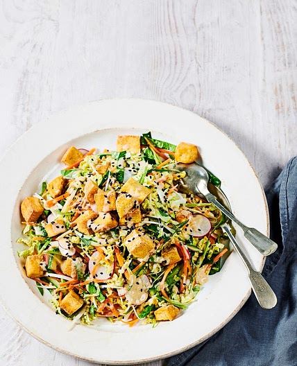 Crunchy veg and smoked tofu salad with sesame dressing