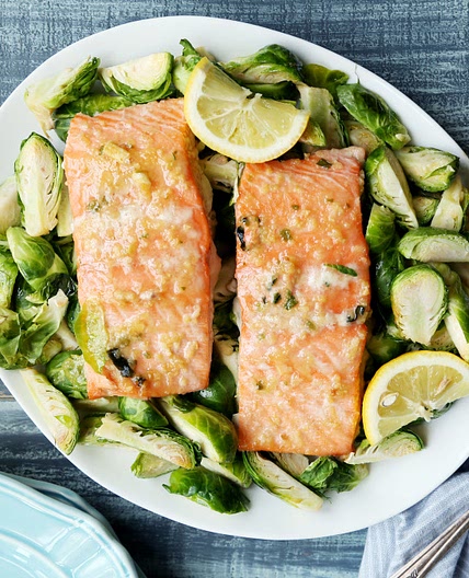 Air Fryer Miso Glazed Salmon With Brussels Sprouts