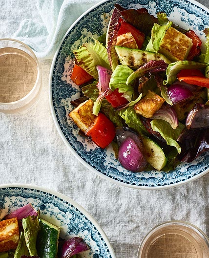 A Salad of Grilled Vegetables over Crisp Lettuce with Halloumi Croutons