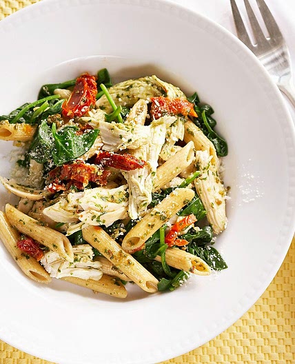 Lemon-Garlic Chicken Penne with Pesto and Spinach
