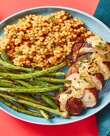 Creamy Dill Pork Tenderloin with Couscous & Green Beans
