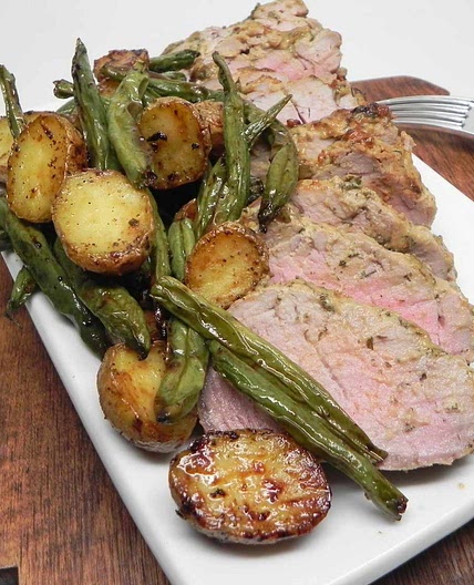 Air Fryer Mustard-Crusted Pork Tenderloin with Potatoes and Green Beans