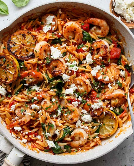 One Pot Harissa Shrimp and Feta Orzo
