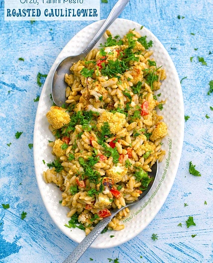 Roasted Cauliflower Salad With Orzo in a Basil Pesto Tahini Sauce