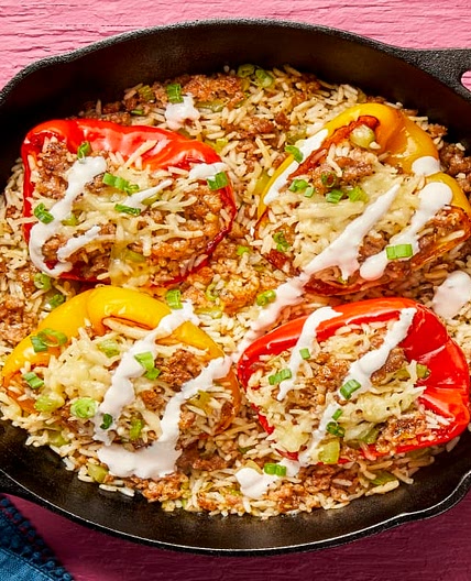 Cajun Pork Sausage Stuffed Peppers with Pepper Jack & Hot Sauce Crema