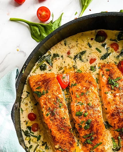 Baked Salmon with Creamy Coconut Spinach Sauce