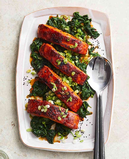 Gochujang-Glazed Salmon with Garlic Spinach