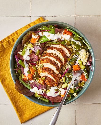 Spicy Chicken, Roasted Sweet Potato & Greens Grain Bowl