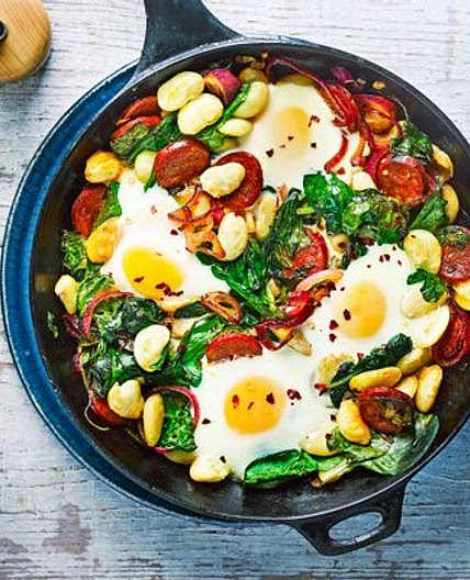 Butter bean, chorizo & spinach baked eggs