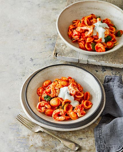 Prawn, basil and harissa pasta