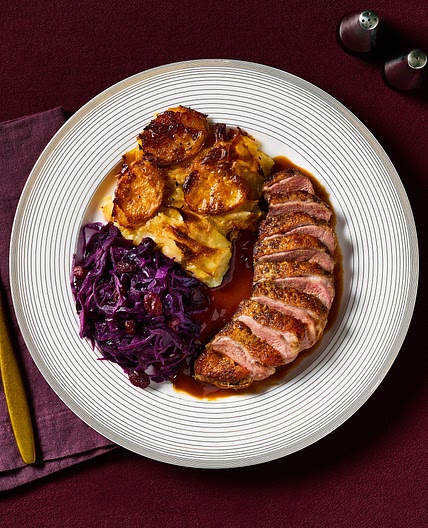Duck Breast, Braised Red Cabbage, Potato & Parsnip Gratin