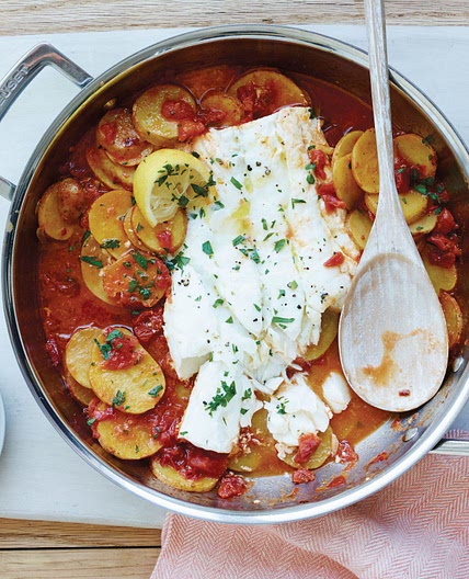 Cod with Garlicky Tomatoes and Potatoes