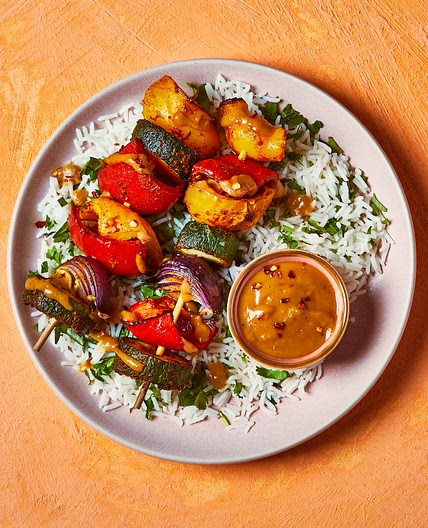 Roasted Veg Skewers With Coriander Rice & Satay Sauce