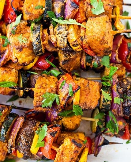 Grilled Veggie Kabobs with Harissa Yogurt