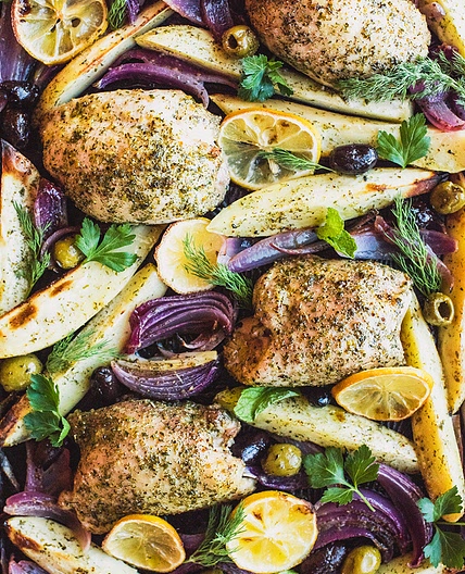 Sheet Pan Greek Chicken with Sweet Potatoes, Red Onion & Olives