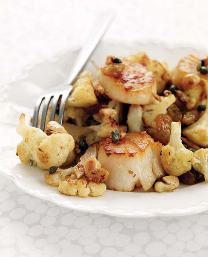 Seared Scallops with Cauliflower, Capers and Raisins
