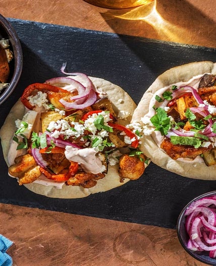 Honey Glazed Chicken Flatbread With Sweet Potato Feta Wedges, Harissa Veg and Pickled Red Onion