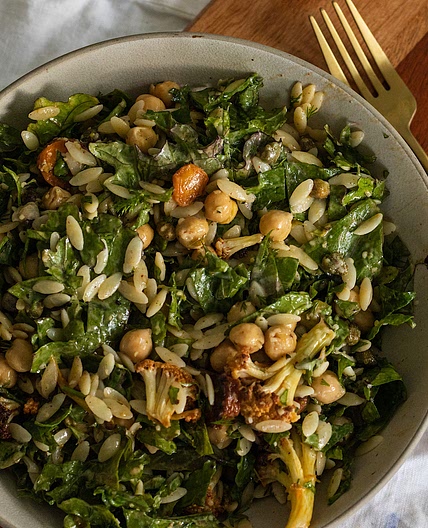 Vegan Winter Orzo Salad with Chickpeas and Kale