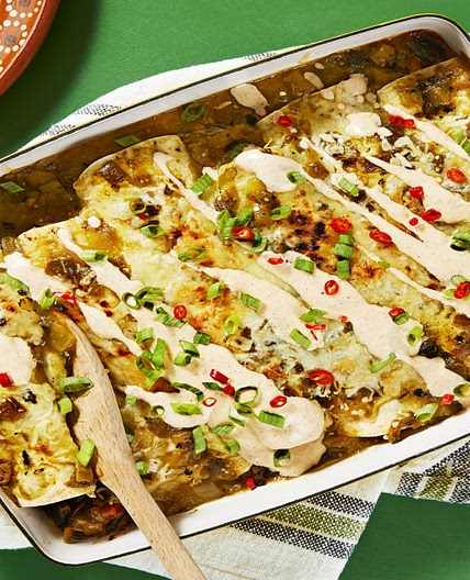 Salsa Verde Enchiladas with Poblano Pepper, Black Beans & Monterey Jack Cheese