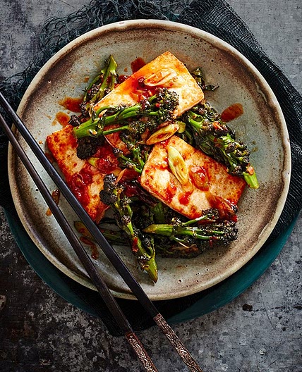 Chinese-style purple sprouting broccoli with tofu
