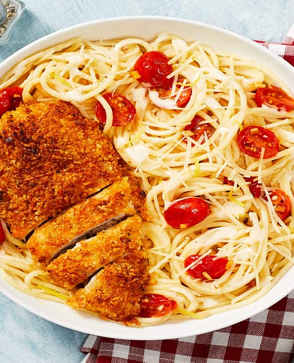 Parmesan-Crusted Chicken with Creamy Lemon Tomato Spaghetti