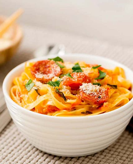 Creamy tomato and salami fettuccine