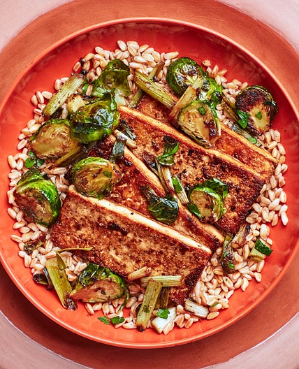 Marinated Tofu With Brussels Sprouts and Farro