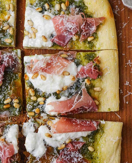 Pesto, Burrata, and Prosciutto Pizza