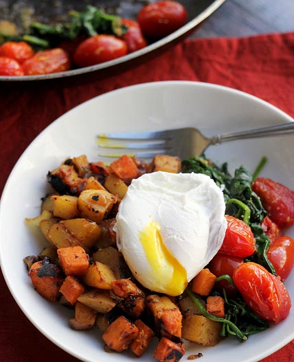 Two-Potato Hash with Poached Eggs and Greens