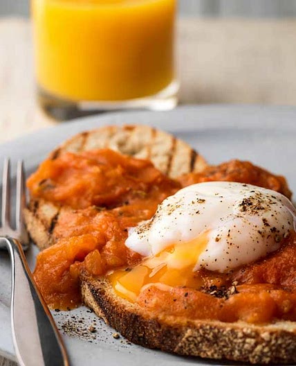 Smashed Plum Tomato Bruschetta with Poached Eggs