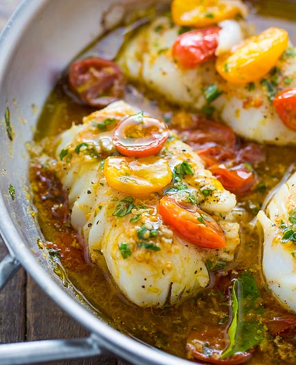 Pan-Seared Cod in White Wine Tomato Basil Sauce