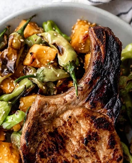 Honey Soy Roasted Pork Chops with Miso Roasted Kabocha Squash & Shishito Peppers