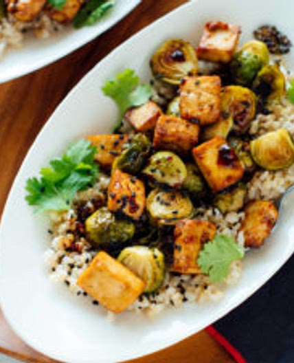 Roasted Brussels Sprouts and Crispy Baked Tofu with Honey-Sesame Glaze