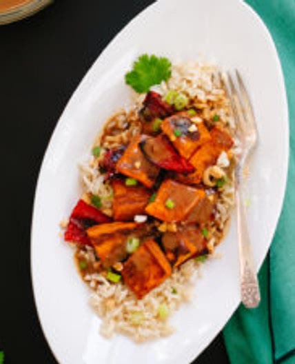 Spicy Thai Peanut Sauce over Roasted Sweet Potatoes and Rice