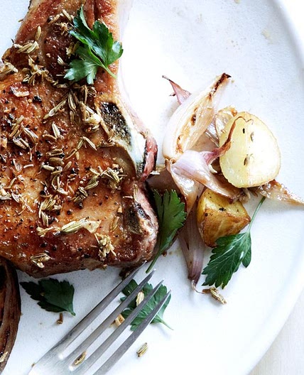 Fennel-Crusted Pork Chops with Potatoes and Shallots