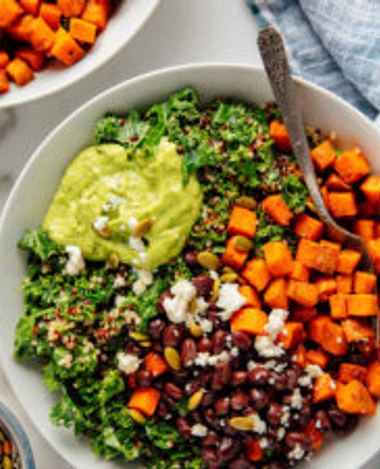 Southwestern Kale Power Salad with Sweet Potato, Quinoa & Avocado Sauce