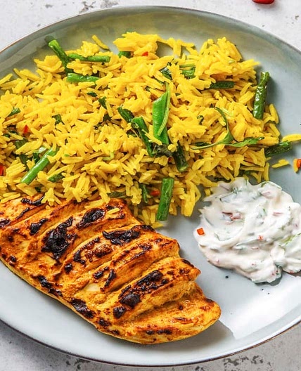 Tandoori Hasselback Chicken with Turmeric Rice, Green Beans and Red Chilli Yoghurt