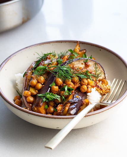 Calabrian Chili Butter Eggplant with Crispy Chickpeas